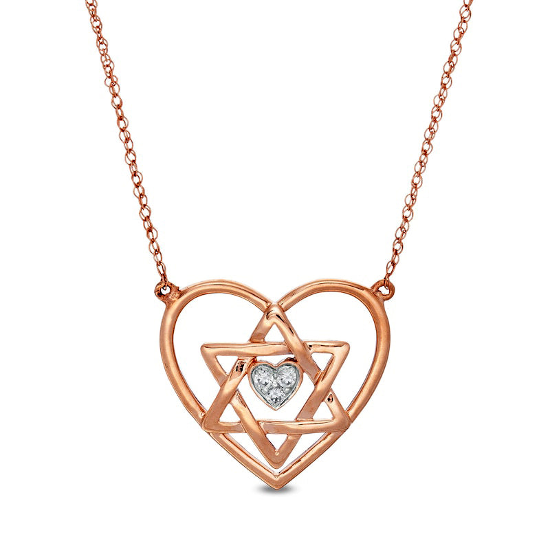 Natural Diamond Accent Double Heart with Star of David Necklace in 10K Rose Gold