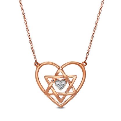 Natural Diamond Accent Double Heart with Star of David Necklace in 10K Rose Gold