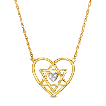 Natural Diamond Accent Double Heart with Star of David Necklace in 10K Yellow Gold