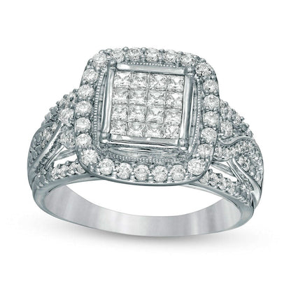 1.0 CT. T.W. Princess-Cut Composite Natural Diamond Cushion Frame Engagement Ring in Solid 10K White Gold