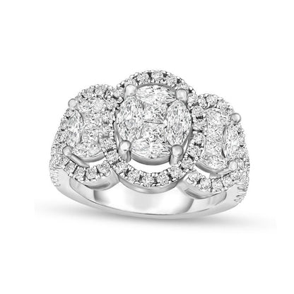1.25 CT. T.W. Composite Natural Diamond Frame Three Stone Engagement Ring in Solid 14K White Gold