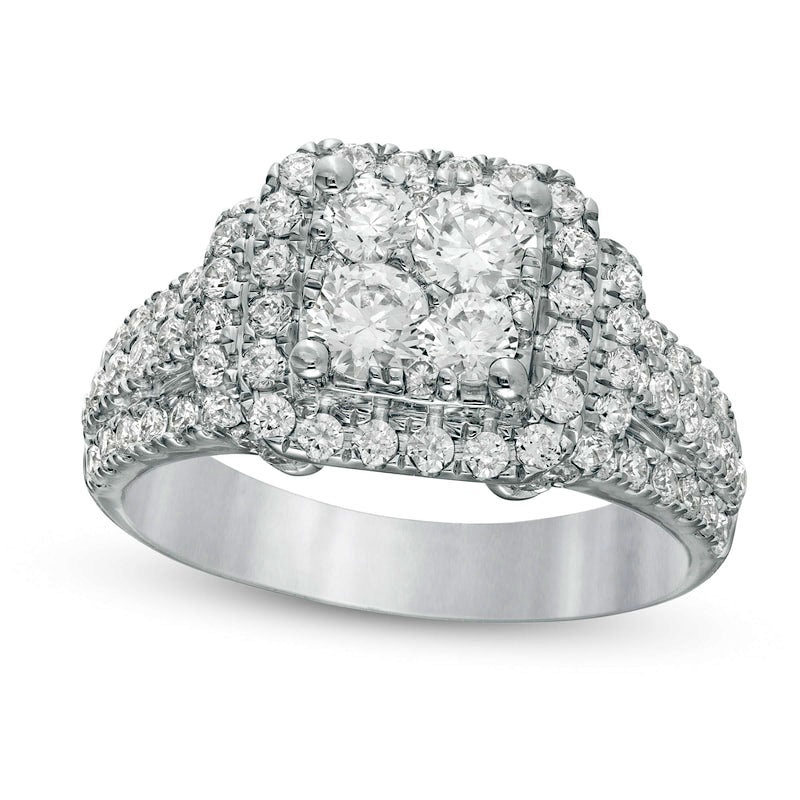 1.5 CT. T.W. Quad Natural Diamond Cushion Frame Collar Engagement Ring in Solid 14K White Gold