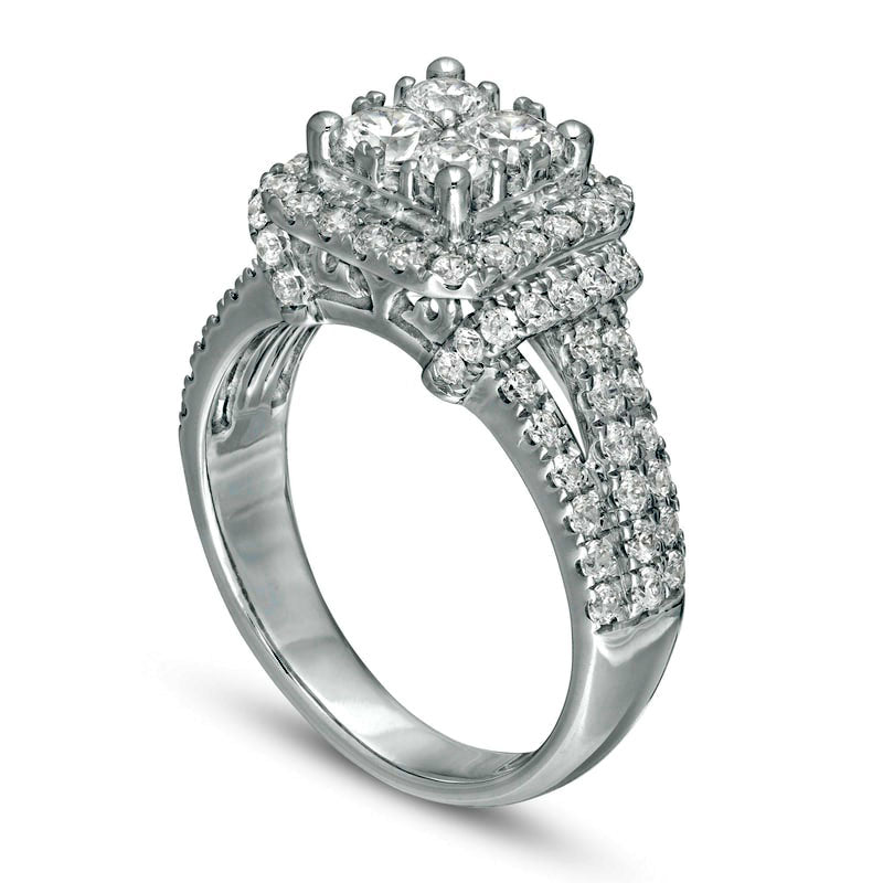 1.5 CT. T.W. Quad Natural Diamond Cushion Frame Collar Engagement Ring in Solid 14K White Gold