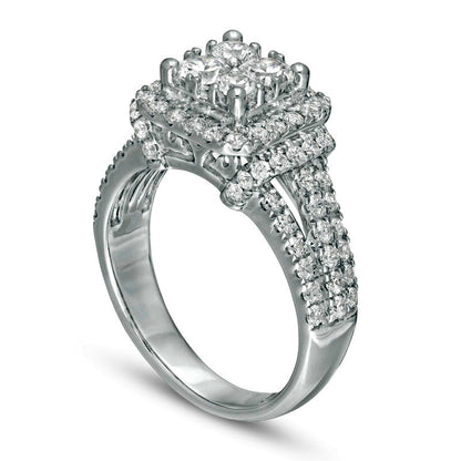 1.5 CT. T.W. Quad Natural Diamond Cushion Frame Collar Engagement Ring in Solid 14K White Gold