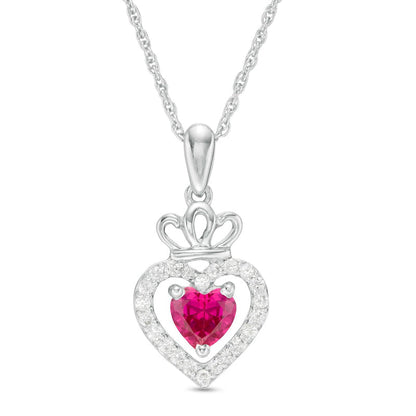 5.0mm Lab-Created Ruby and White Sapphire Frame Double Heart with Crown Drop Pendant in Sterling Silver