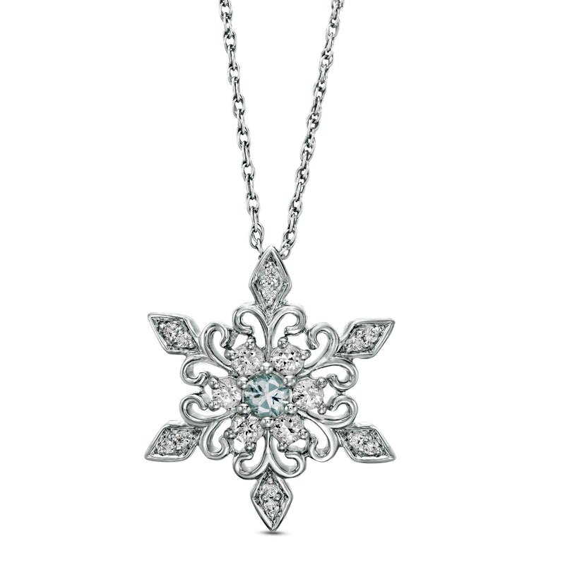 3.0mm Aquamarine and Lab-Created White Sapphire Snowflake Pendant in Sterling Silver