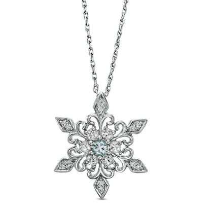 3.0mm Aquamarine and Lab-Created White Sapphire Snowflake Pendant in Sterling Silver