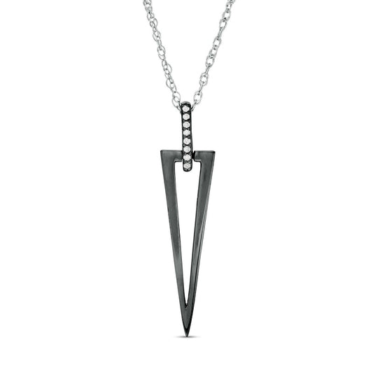 Natural Diamond Accent Elongated Triangle Outline Pendant in Sterling Silver and Black Rhodium