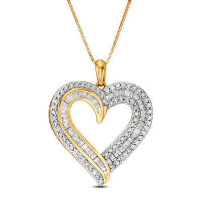 1 CT. T.W. Baguette and Round Natural Diamond Double Row Heart Pendant in 10K Yellow Gold