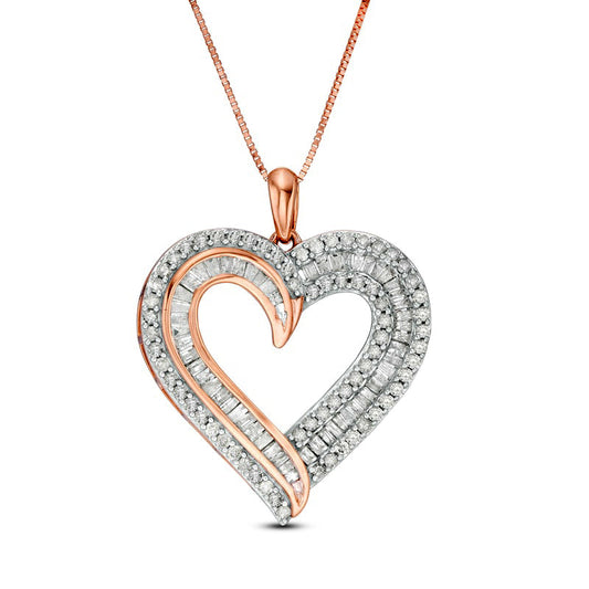 1 CT. T.W. Baguette and Round Natural Diamond Double Row Heart Pendant in 10K Rose Gold