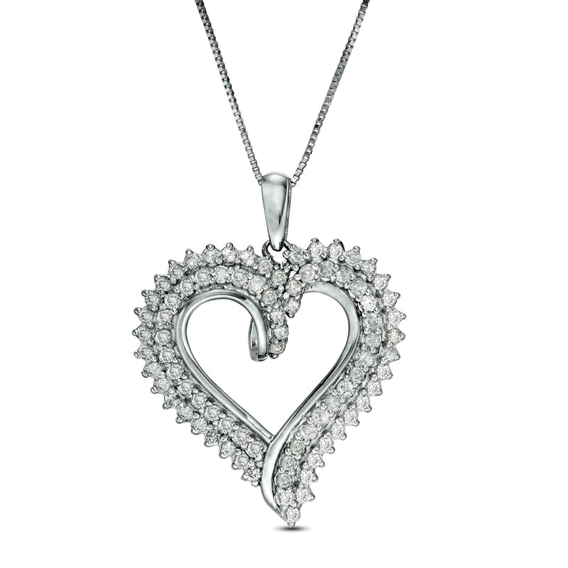 1 CT. T.W. Natural Diamond Double Row Heart Pendant in 10K White Gold
