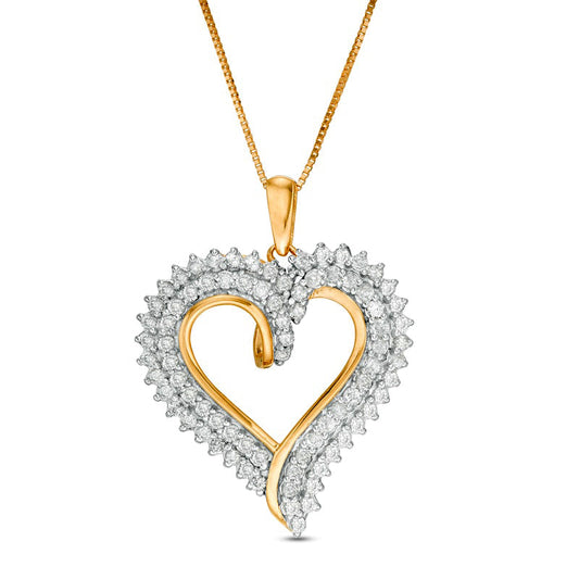 1 CT. T.W. Natural Diamond Double Row Heart Pendant in 10K Yellow Gold
