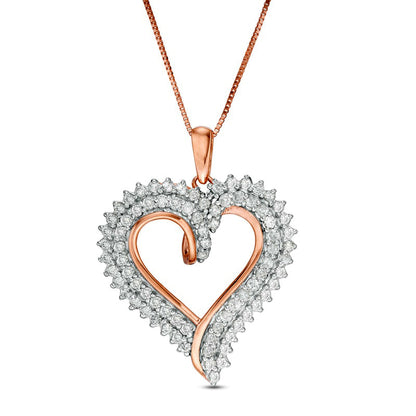 1 CT. T.W. Natural Diamond Double Row Heart Pendant in 10K Rose Gold