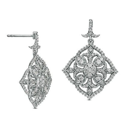 1 CT. T.W. Diamond Ornate Flower Vintage-Style Drop Earrings in 10K White Gold