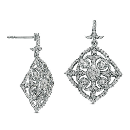 1 CT. T.W. Diamond Ornate Flower Vintage-Style Drop Earrings in 10K White Gold