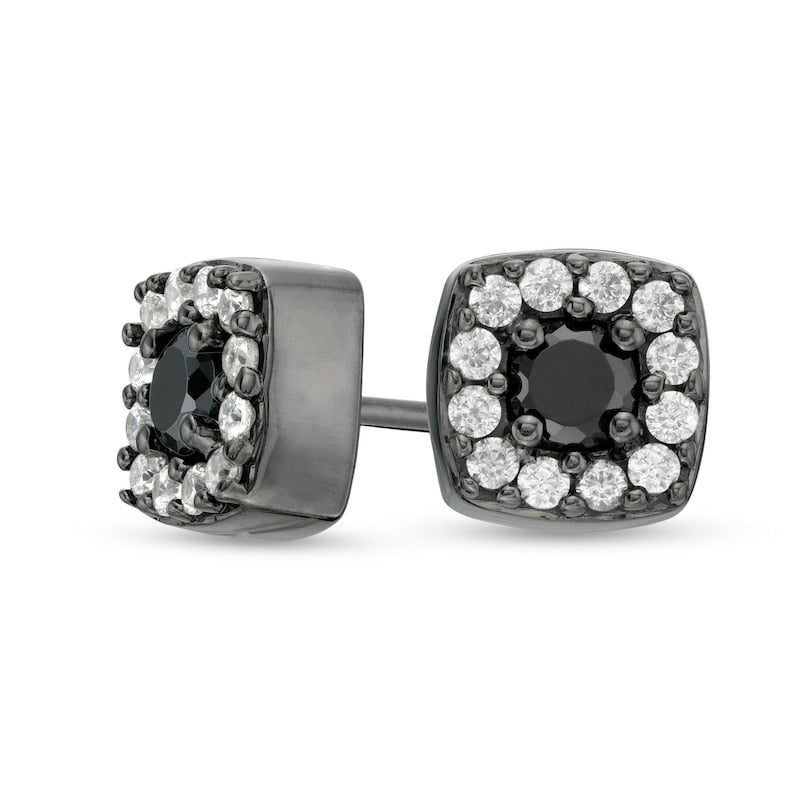 0.38 CT. T.W. Enhanced Black and White Diamond Cushion Frame Stud Earrings in 10K White Gold with Black Rhodium