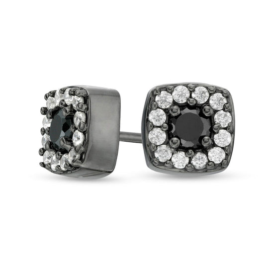 0.38 CT. T.W. Enhanced Black and White Diamond Cushion Frame Stud Earrings in 10K White Gold with Black Rhodium