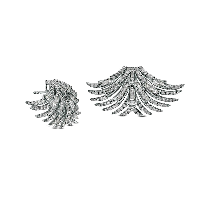 2.5 CT. T.W. Baguette and Round Diamond Art-Deco Fan Stud Earrings in 10K White Gold