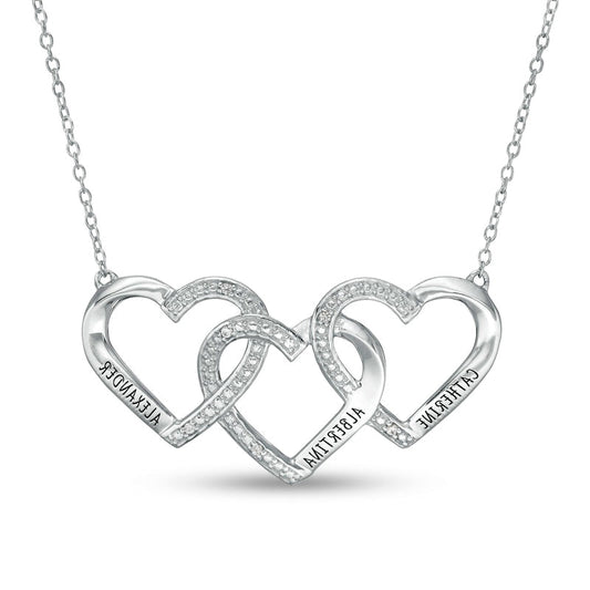 Mother's Natural Diamond Accent Beaded Engravable Interlocking Hearts Trio Necklace in Sterling Silver (3 Lines)