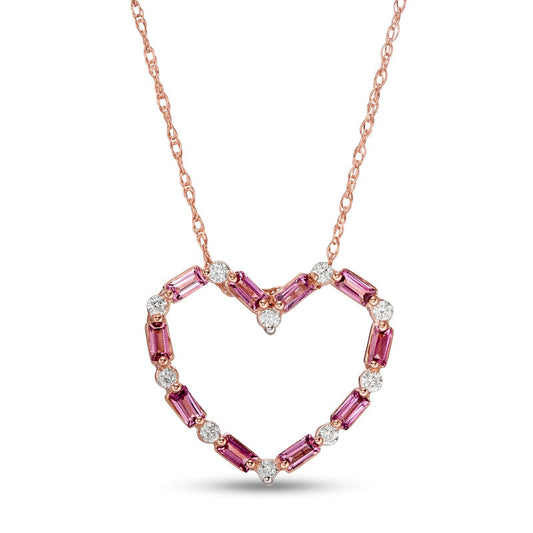Baguette-Cut Rhodolite and 0.1 CT. T.W. Natural Diamond Heart Outline Pendant in 10K Rose Gold