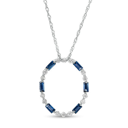 Baguette-Cut Blue Sapphire and 0.1 CT. T.W. Natural Diamond Oval Pendant in 10K White Gold