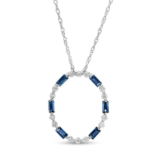 Baguette-Cut Blue Sapphire and 0.1 CT. T.W. Natural Diamond Oval Pendant in 10K White Gold