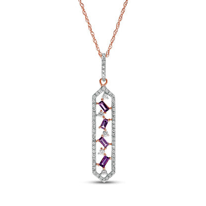 Baguette-Cut Amethyst and 0.17 CT. T.W. Natural Diamond Elongated Hexagon Pendant in 10K Rose Gold