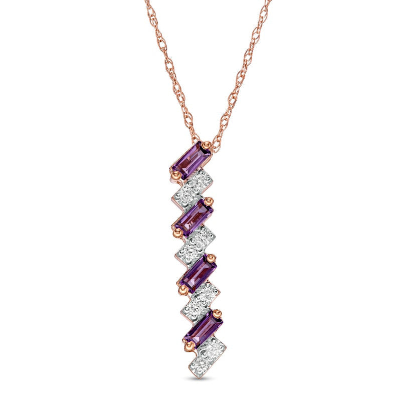 Baguette-Cut Amethyst and 0.1 CT. T.W. Natural Diamond Linear Zig-Zag Pendant in 10K Rose Gold