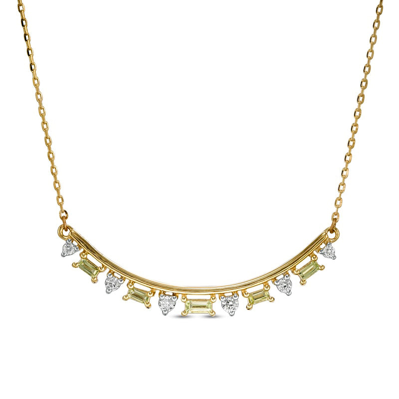 Alternating Baguette-Cut Peridot and 0.13 CT. T.W. Natural Diamond Curved Bar Necklace in 10K Yellow Gold