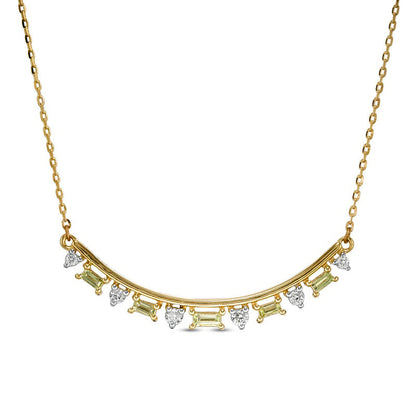 Alternating Baguette-Cut Peridot and 0.13 CT. T.W. Natural Diamond Curved Bar Necklace in 10K Yellow Gold