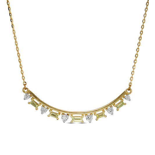 Alternating Baguette-Cut Peridot and 0.13 CT. T.W. Natural Diamond Curved Bar Necklace in 10K Yellow Gold