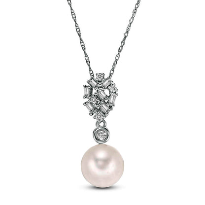 8.0mm Cultured Freshwater Pearl and 0.17 CT. T.W. Natural Diamond Teardrop Scatter Pendant in 10K White Gold