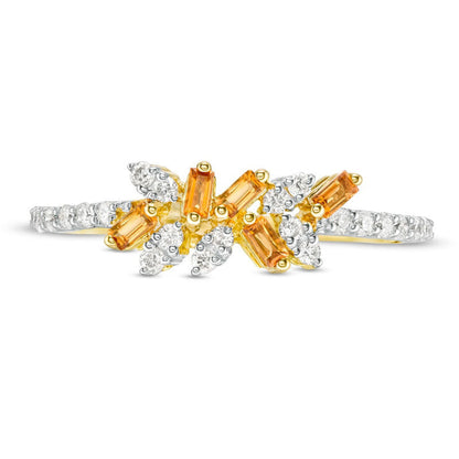 Baguette-Cut Citrine and 0.20 CT. T.W. Natural Diamond Zig-Zag Cluster Ring in Solid 10K Yellow Gold