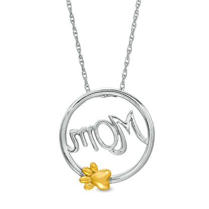 Cursive Mom" and Paw Print Circle Frame Pendant in Sterling Silver and 10K Yellow Gold"