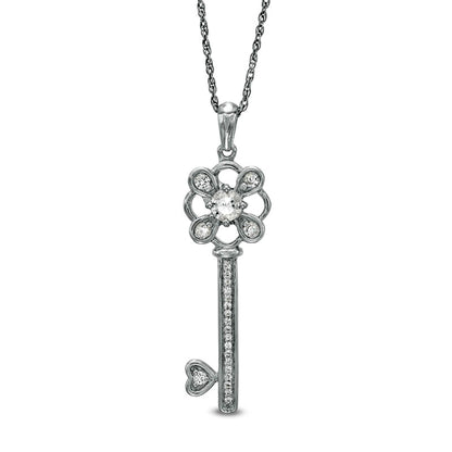 3.6mm Lab-Created White Sapphire Clover-Top and Heart Key Pendant in Sterling Silver