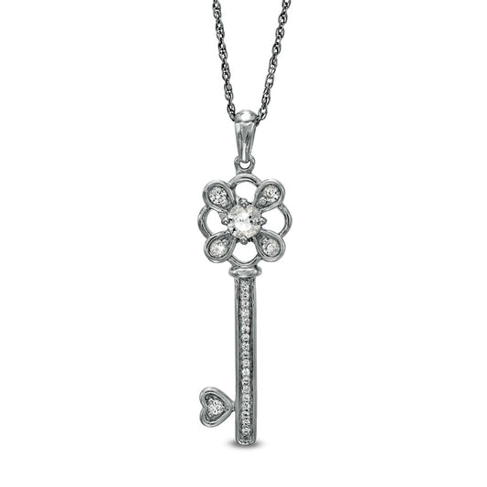 3.6mm Lab-Created White Sapphire Clover-Top and Heart Key Pendant in Sterling Silver
