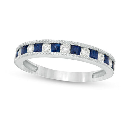 Princess-Cut Blue Sapphire and 0.20 CT. T.W. Natural Diamond Milgrain Border Alternating Geometric Band in Solid 14K White Gold