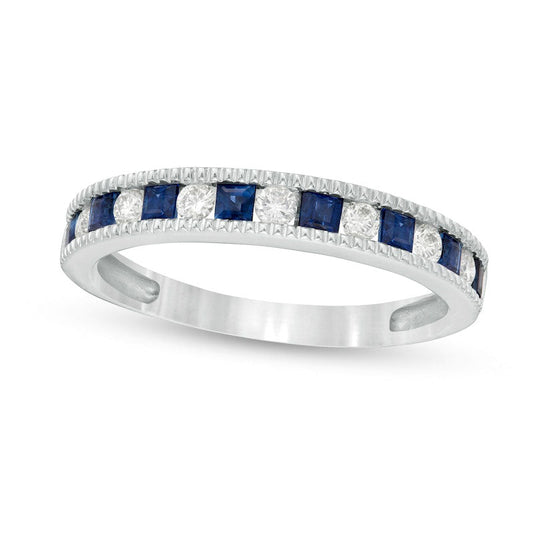Princess-Cut Blue Sapphire and 0.20 CT. T.W. Natural Diamond Milgrain Border Alternating Geometric Band in Solid 14K White Gold