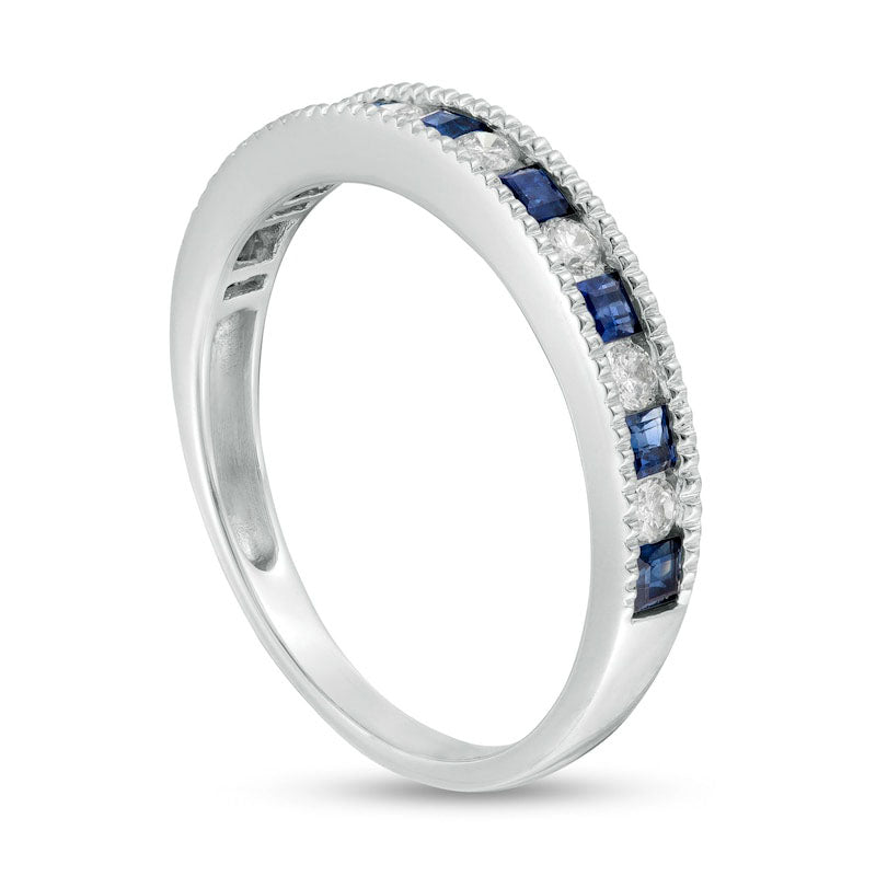 Princess-Cut Blue Sapphire and 0.20 CT. T.W. Natural Diamond Milgrain Border Alternating Geometric Band in Solid 14K White Gold