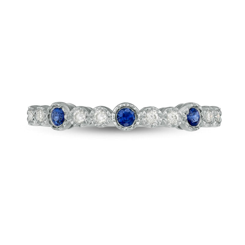 Bezel-Set Blue Sapphire and 0.07 CT. T.W. Natural Diamond Three Stone Bubble Stackable Band in Solid 14K White Gold