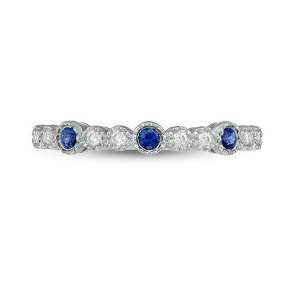 Bezel-Set Blue Sapphire and 0.07 CT. T.W. Natural Diamond Three Stone Bubble Stackable Band in Solid 14K White Gold