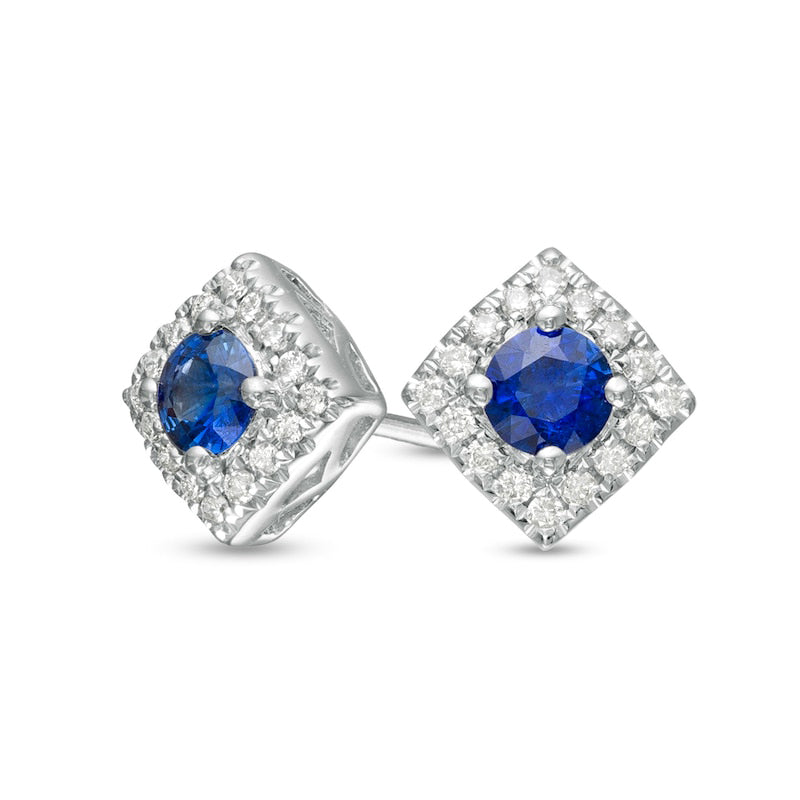 Blue Sapphire and 0.07 CT. T.W. Diamond Square Frame Stud Earrings in 10K White Gold