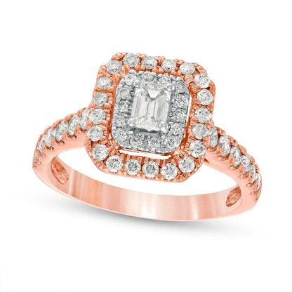 1.0 CT. T.W. Emerald-Cut Natural Diamond Double Frame Engagement Ring in Solid 14K Rose Gold
