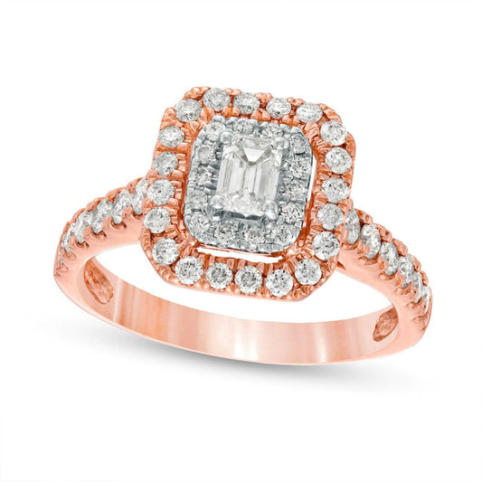 1.0 CT. T.W. Emerald-Cut Natural Diamond Double Frame Engagement Ring in Solid 14K Rose Gold