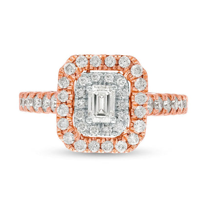 1.0 CT. T.W. Emerald-Cut Natural Diamond Double Frame Engagement Ring in Solid 14K Rose Gold