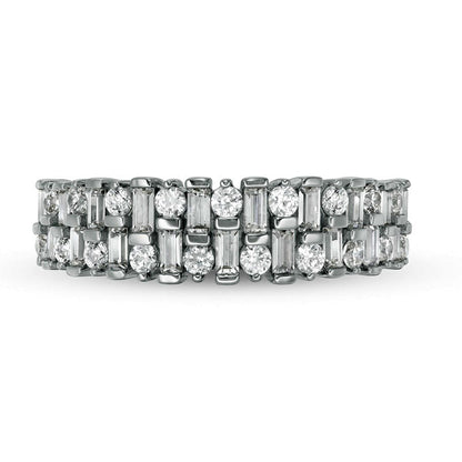 0.75 CT. T.W. Baguette and Round Natural Diamond Double Row Anniversary Band in Solid 14K White Gold