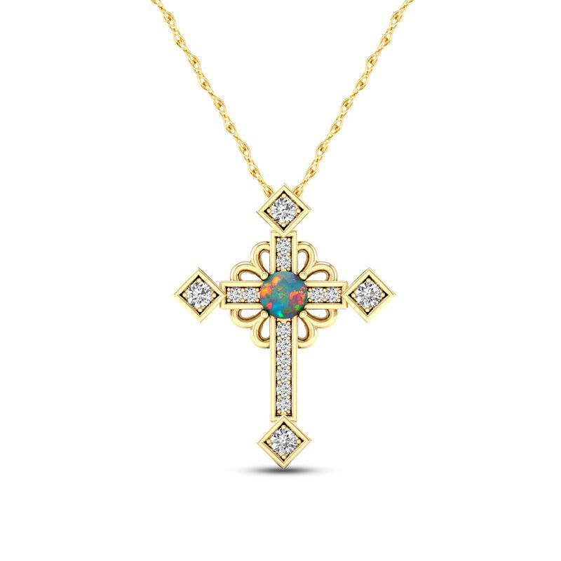 Lab-Created Opal and 0.05 CT. T.W. Diamond Gothic-Style Cross Pendant in 10K Yellow Gold