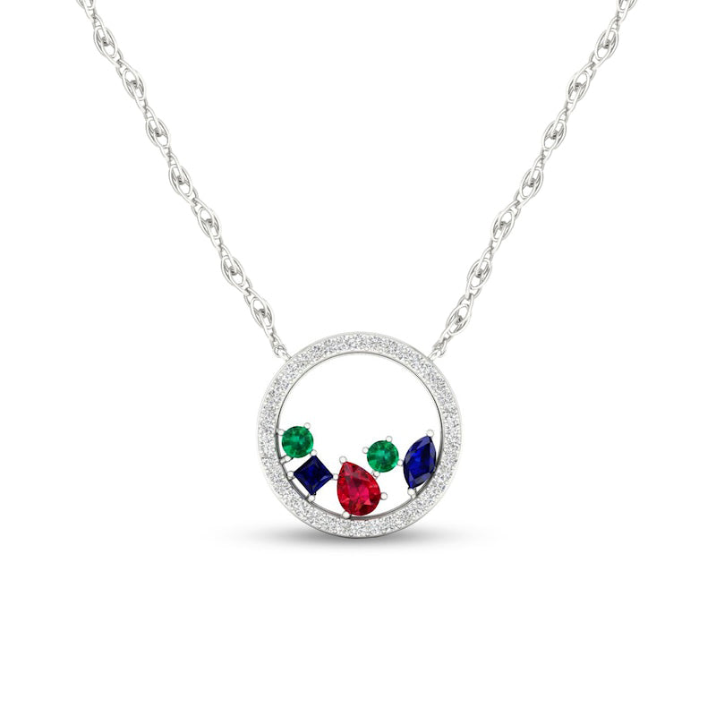 Multi-Shape Mixed Gemstone and 0.17 CT. T.W. Natural Diamond Circle Necklace in 10K White Gold