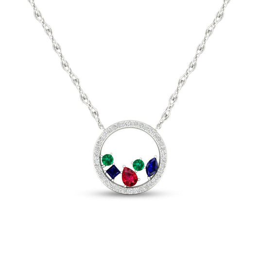 Multi-Shape Mixed Gemstone and 0.17 CT. T.W. Natural Diamond Circle Necklace in 10K White Gold