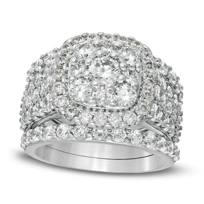 3.75 CT. T.W. Natural Diamond Double Cushion Frame Multi-Row Three Piece Bridal Engagement Ring Set in Solid 10K White Gold